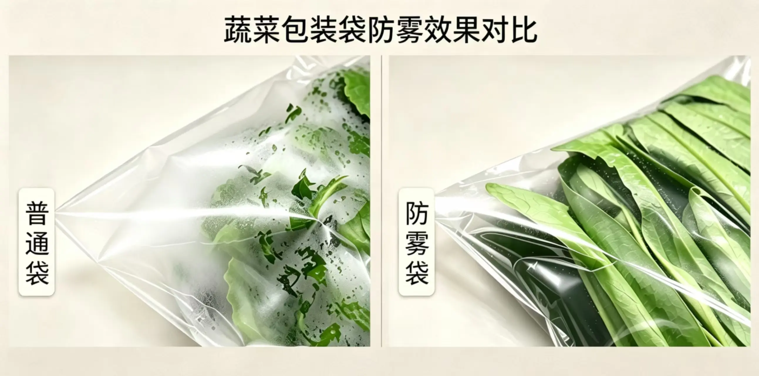 普通包装袋与BOPP防雾包装袋起雾效果左右对比图