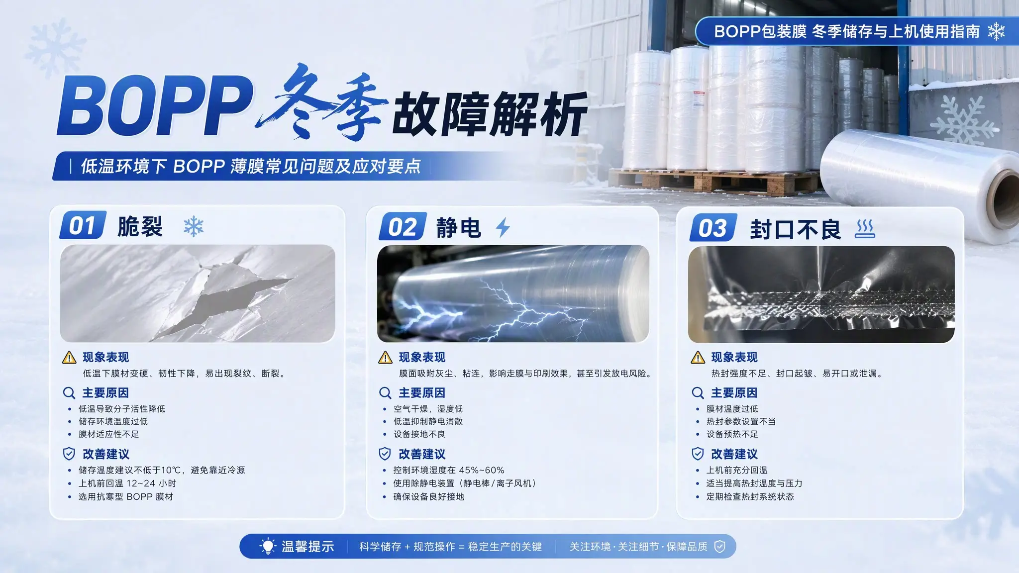 BOPP冬季故障脆裂静电封口不良